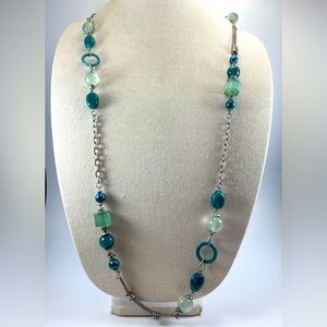 Beautiful Signed LR Silver Tone Blue Acrylic Beaded Long Statement Necklace